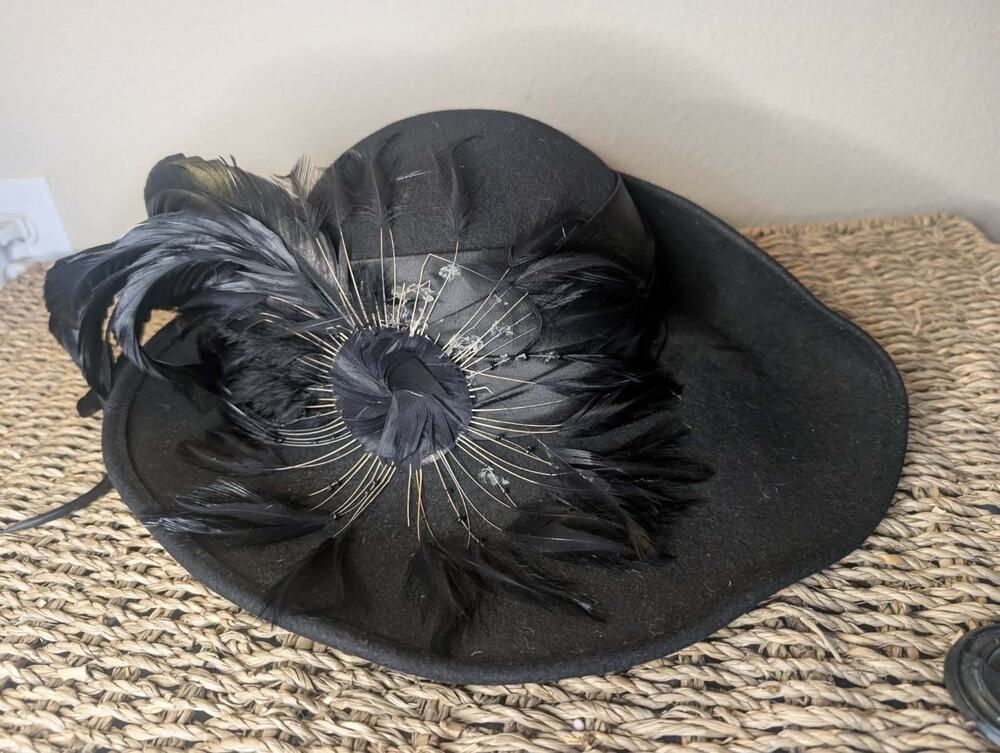 Vintage Michael Howard 100% Wool Black Hat Floating Feathers Derby Church